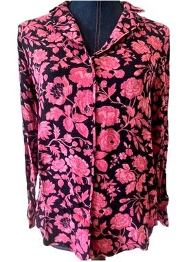 Black Pink Floral Button Front Blouse Women Long Sleeve Collared Lightweight Top